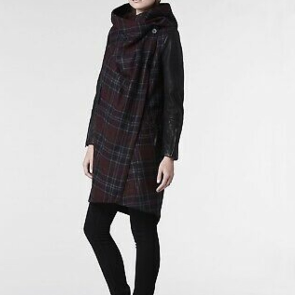 All Saints Plaid Wool Blend Coat Leather Sleeves rare
